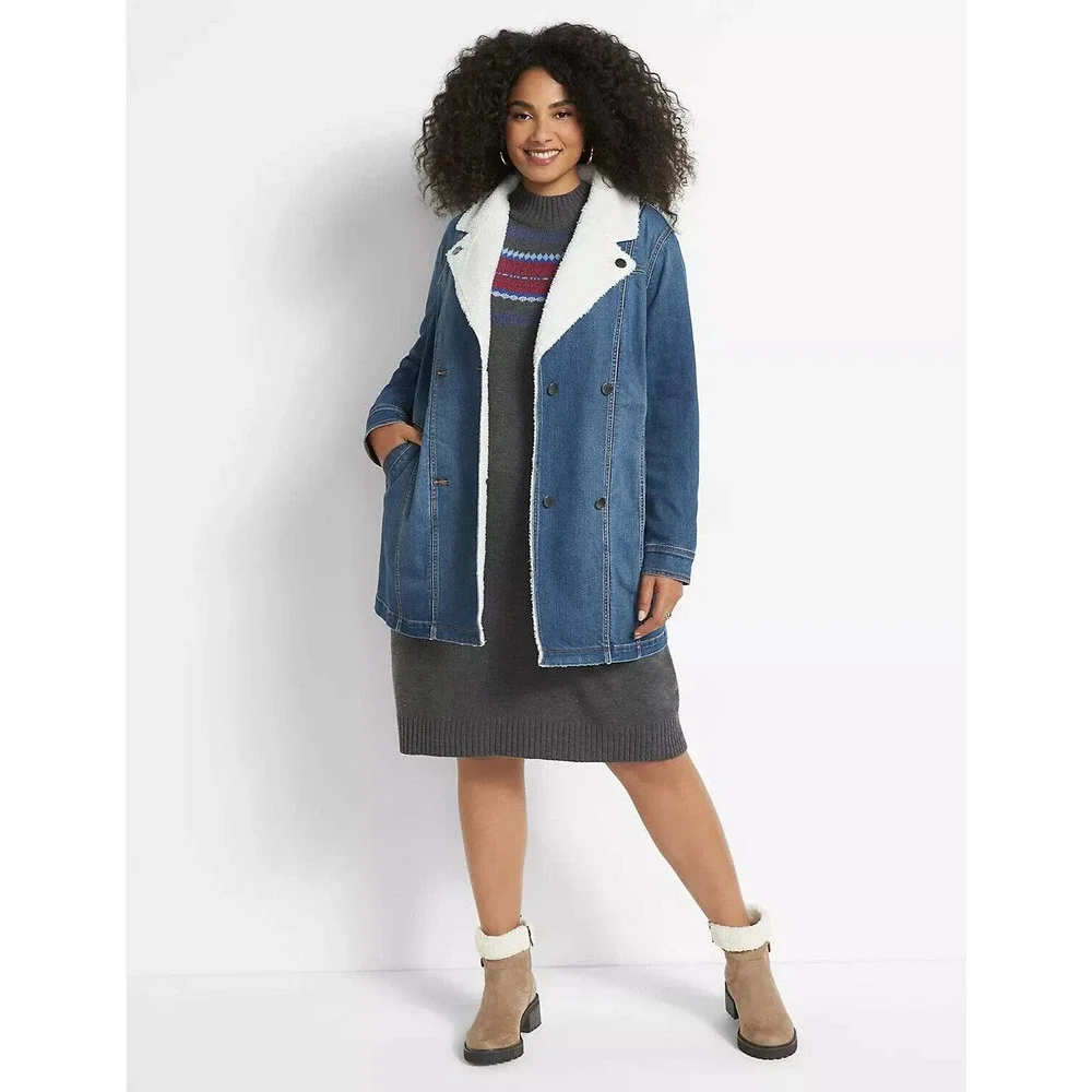 Lane Bryant Midi Denim Jacket Medium Wash Sherpa Women's Plus Size 26/28 H14229 - Picture 4 of 13
